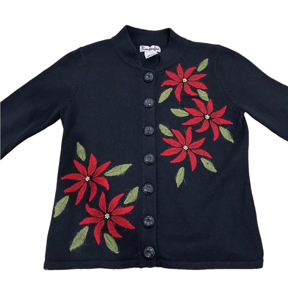 Vintage 90s Poinsettia Holiday Christmas Sweater Cardigan Beaded